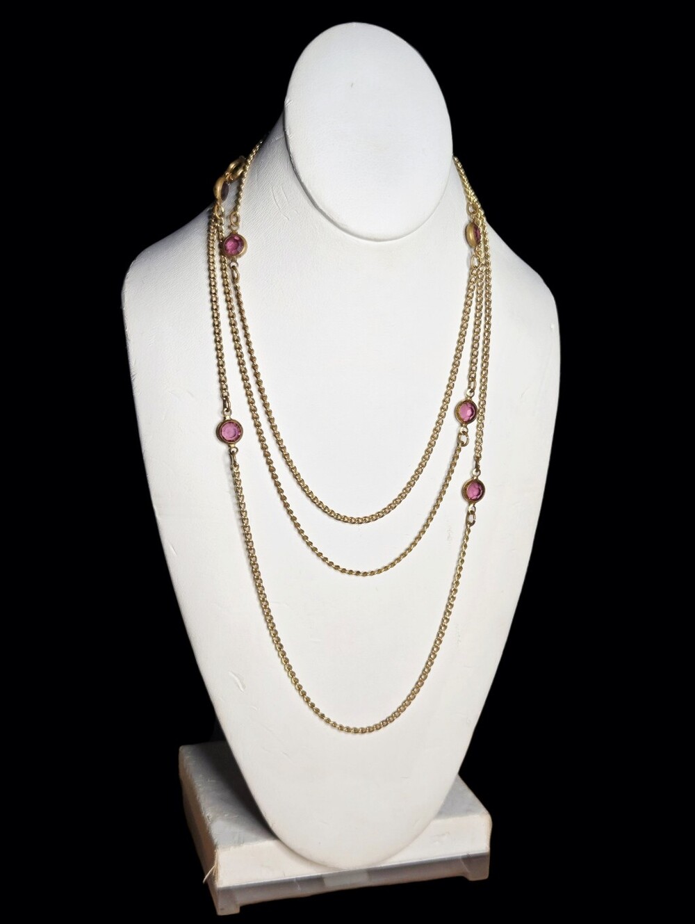 Vintage Gold Tone Long Layering Station Necklace Purple Glass Rhinestones